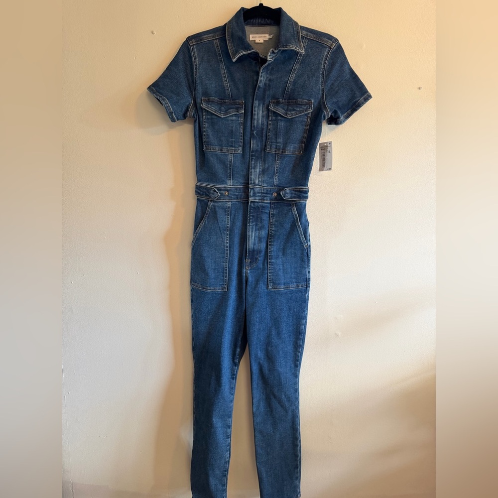 Good American Blue Denim Short-Sleeve Kids One-Piece Jumpsuit